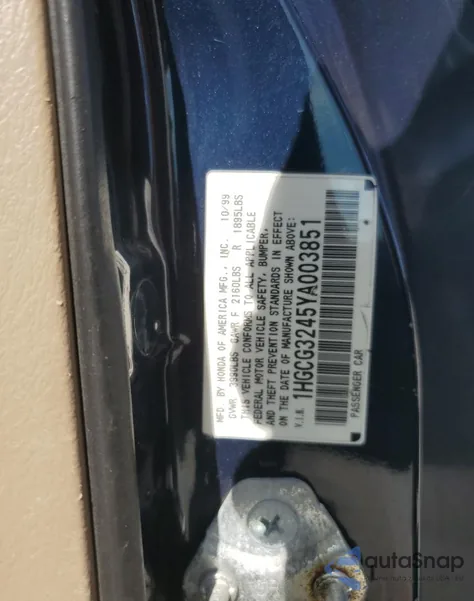 2000 Honda Accord Lx from USA, damaged, VIN 1HGCG3245YA003851